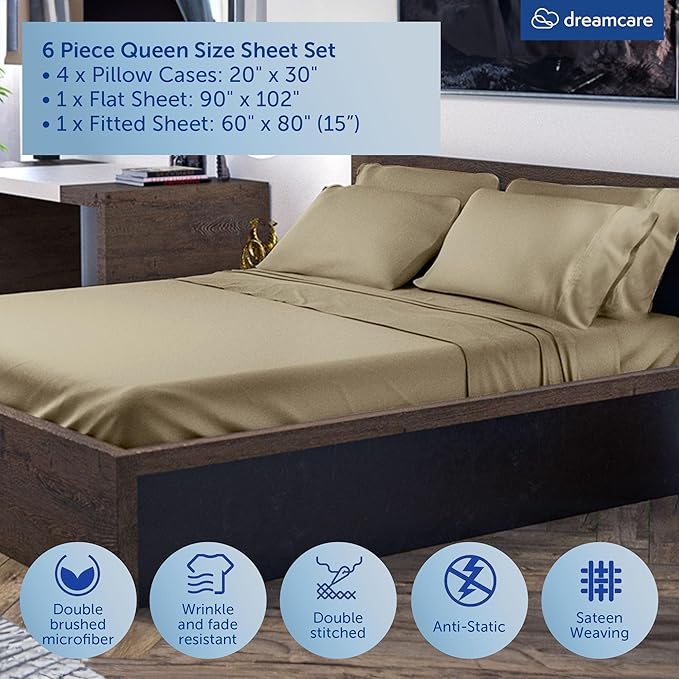 DREAMCARE Queen Sheet Set - 6 pcs Breathable Cooling Bed Sheets - up to 15" Deep Pocket Queen Sheets Set with Side Pockets - Extra Soft 100% Brushed Hypoallergenic Hotel Luxury Bedding - Eucalyptus