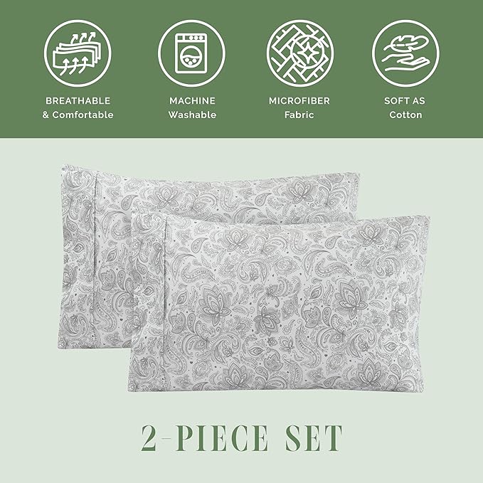 Elegant Comfort Ultra Soft Set of 2 Floral Print Pillowcases - 1500 Premium Hotel Quality Microfiber, Soft and Smooth Envelope Closure 2-Piece Pillow Covers - King, Paisley Gray