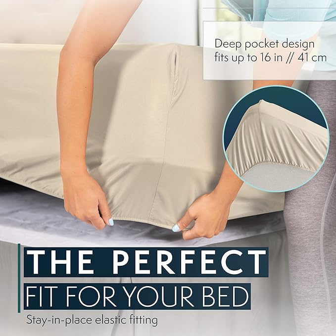 HC COLLECTION Bed Sheets Set Queen with 2 Pillowcases, Hotel Luxury Platinum 1800 Series Brushed Microfiber Deep Pocket Fitted Sheet, Fade Resistant Ultra Soft 4 Pcs Bedding for Hot Sleepers, Cream