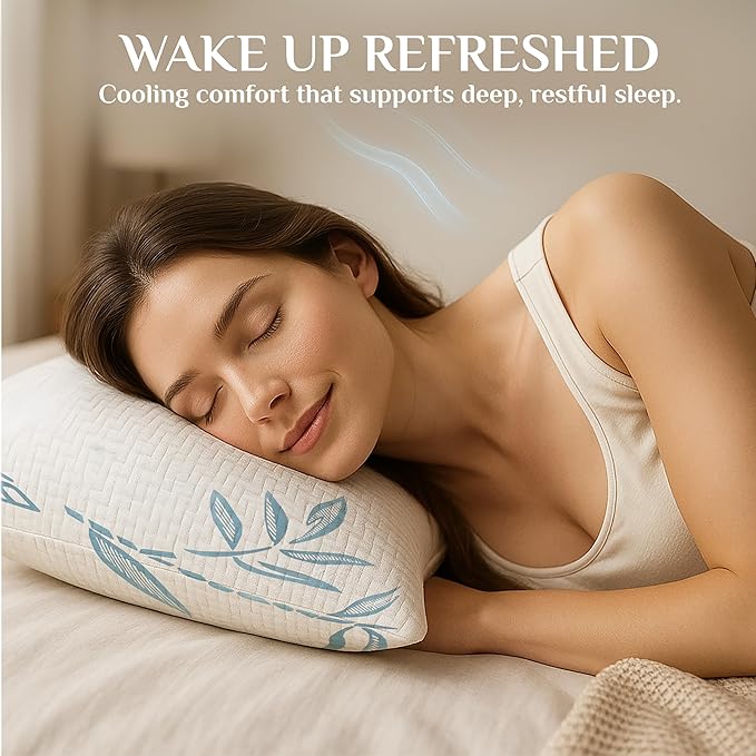 OMEO 2 Pack Bamboo Pillow Standard Size for Sleeping, Hypoallergenic Cooling Shredded Memory Foam Bed Pillows for Side, Back and Stomach Sleepers, Adjustable Loft and Washable Cover 20" x 26"