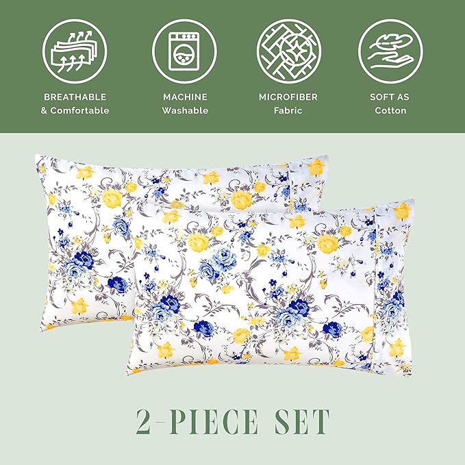 Elegant Comfort Ultra Soft Set of 2 Floral Print Pillowcases - 1500 Premium Hotel Quality Microfiber, Soft and Smooth Envelope Closure 2-Piece Pillow Covers - Standard/Queen, Gold Jenna