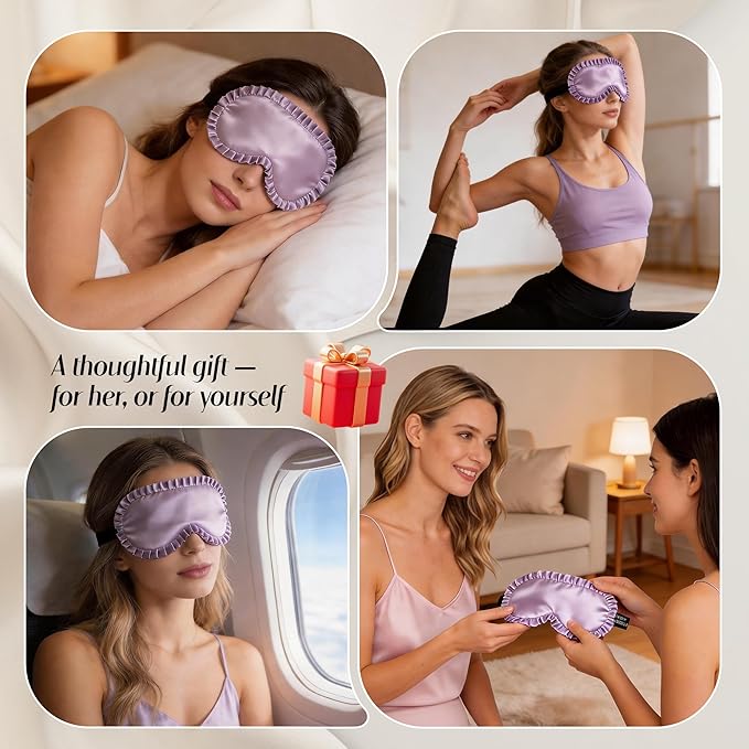 Silk Sleep Mask for Women: 100% Mulberry Silk Eye Mask, Black Back Sleeping Mask for Light Blocking, Soft Wavy Edge Eye Cover and Adjustable Strap, Travel & Sleep Gift (Purple)