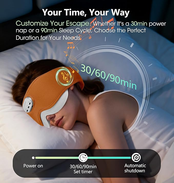LC-dolida Voice Control Bluetooth Sleep Mask, Bamboo Cotton Bluetooth Sleep Headphones with 3D Zero-Pressure Cups and Timer Setting, Total Blackout Sleep Eye Mask for Side Sleepers (Orange)