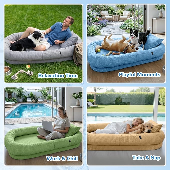 YAEM Cooling Dog Bed for Humans, 71"x45"x12" Breathable Human Dog Bed for Adults, Waterproof Giant Pet Beds with Washable Cover & Non-Skid Bottom, Ocean Blue