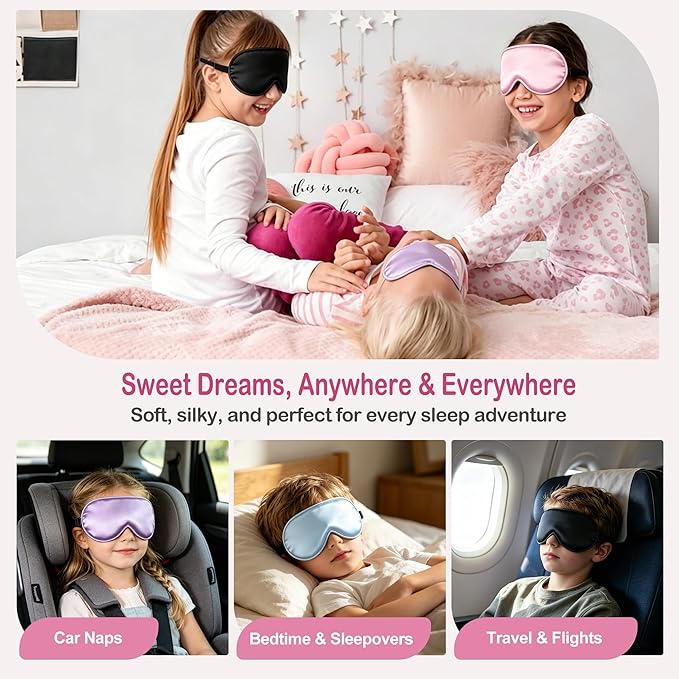 Kids Sleep Mask Eye Cover, Silk Sleeping Mask for Kids, Soft Blackout Blindfold Eye Mask with Adjustable Strap & Laundry Bag for Easy Washing, Gift for Girls Boys Ages 5-15 (Pink)