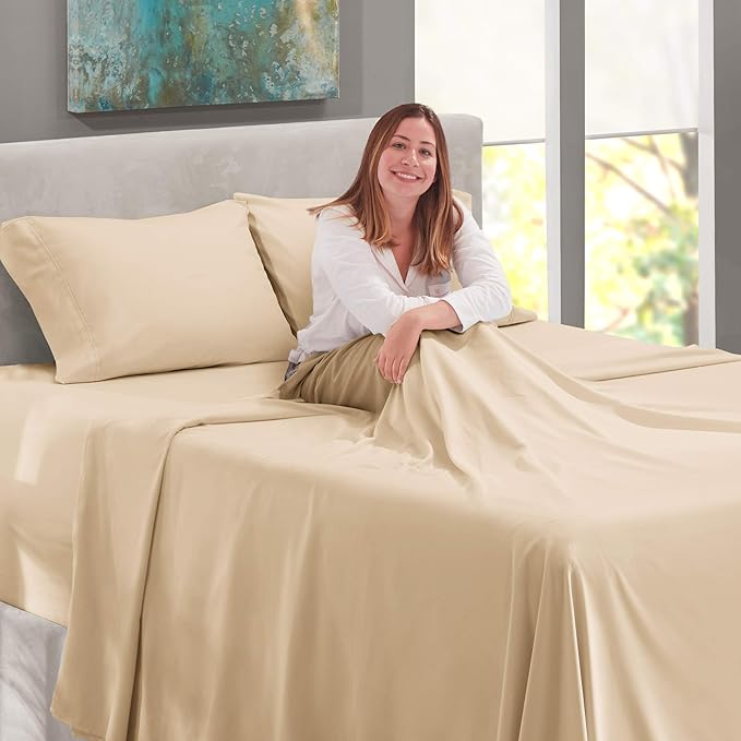 Nestl Queen Size Sheet Set, 4 Piece Extra Deep Pocket (18-24 inches), Microfiber, Hotel Luxury, Soft, Breathable, Wrinkle-Free, Easy to Care, Beige Cream