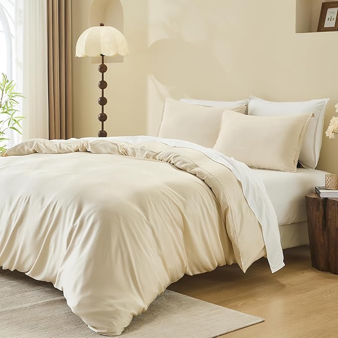 Simple&Opulence Cooling Duvet Cover Set Queen Size, 3 Pcs 100% Viscose Derived from Bamboo Hotel Luxury Silky Bedding Set, Breathable Soft Comforter Cover for Hot Sleeper with 2 Pillowcases(Beige)