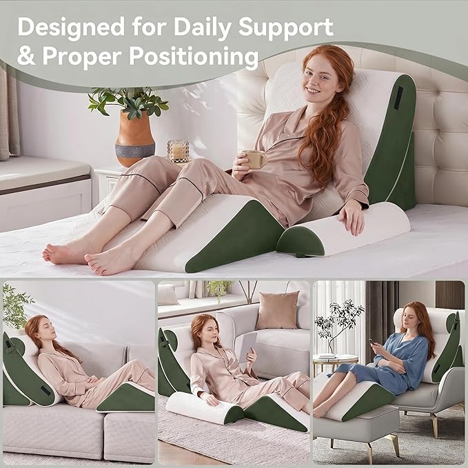 5PCS Wedge Pillow Set for After Surgery,Bed Orthopedic Pillow for Sleeping, Memory Foam Back Pillow for Pain Relief and Acid Reflux, Adjustable Sitting Up for Bed Post Surgery Pillow Green