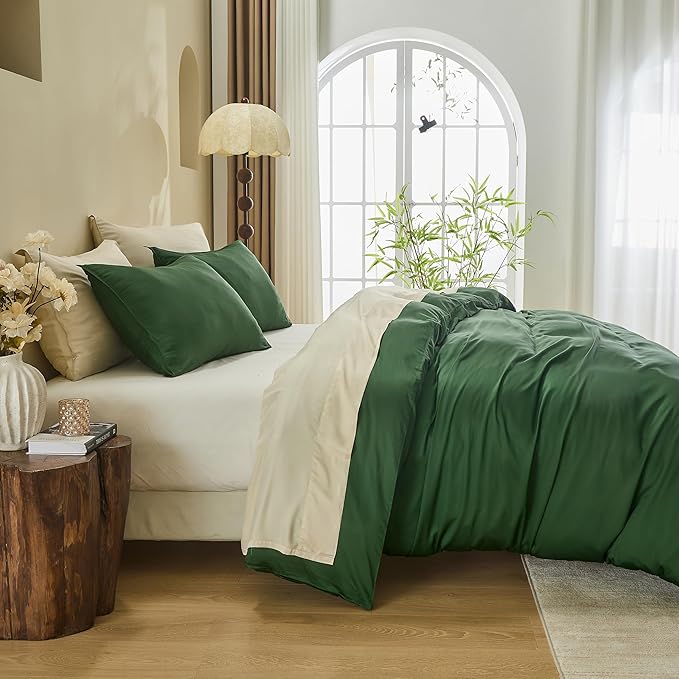 Simple&Opulence Cooling Duvet Cover Set Queen Size, 3 Pcs 100% Viscose Derived from Bamboo Hotel Luxury Silky Bedding, Breathable Soft Comforter Cover for Hot Sleeper with 2 Pillowcases(Olive Green)