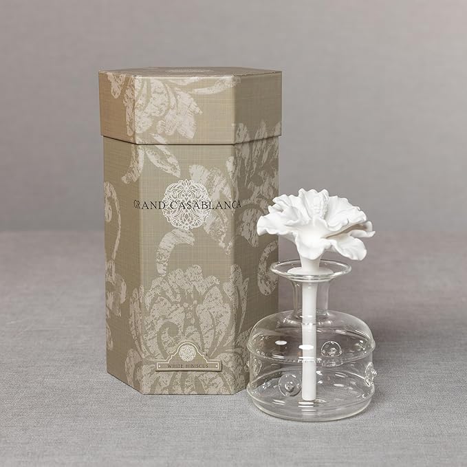 Zodax Grand Casablanca Porcelain Oil Diffuser - Home Fragrance Oil Diffuser Ideal for Living Room, Bathroom, Office - Flower Design - Gift Box Packaging Included - White Hibiscus - 6.76 Oz.