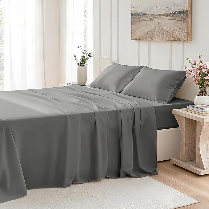 Cal King Size 4 Piece Bed Sheet Set - Premium Breathable & Cooling Sheets- Ultra Imitation Cotton -Hotel Luxury Bed Sheet Deep Pocket up to 15"- Wrinkle, Stain Resistant (Dark Grey, California King)