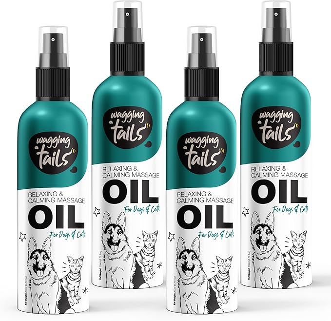 Wagging Tails Relaxing & Calming Massage Oil for Dogs and Cats | Pure Essential Oil Blend with Lavender & Almond Oil | Nourishing Skin & Shiny Coat, Promotes Relaxation for Pets 6.76 fl oz Pack of 4