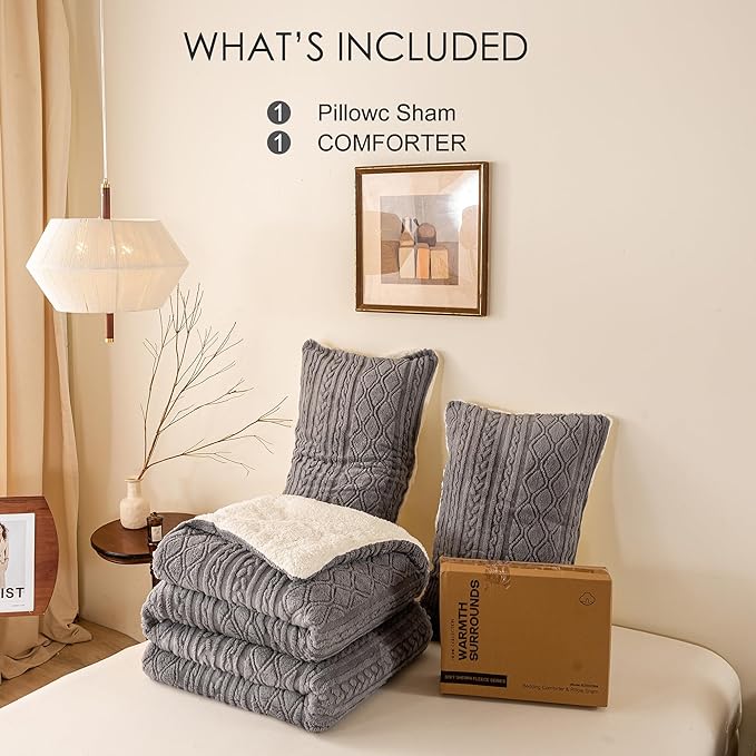 Warm Plush Sherpa Fleece Comforter Twin/Twin XL Set - Ultra-Warm Thickened Boho 3D Jacquard Softness Child Kid Bed Comforter Set Fluffy Surface for Cozy Autumn Winter Christmas Nights Grey