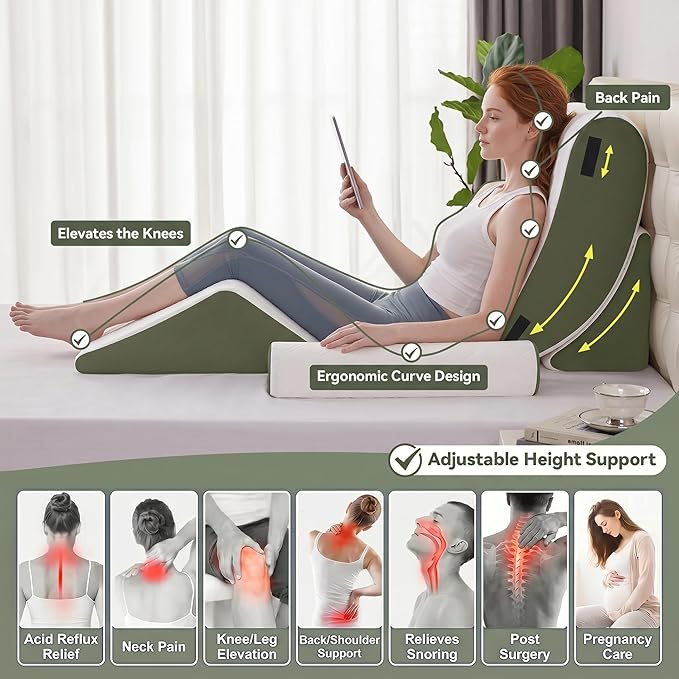 4PCS Wedge Pillow Set for After Surgery,Bed Orthopedic Pillow for Sleeping, Memory Foam Back Pillow for Pain Relief and Acid Reflux, Adjustable Sitting Up for Bed Post Surgery Pillow Green