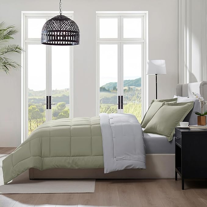 Nestl 9 Piece King Comforter Set – Light Sage Reversible Bed in a Bag – Complete King Size Bedding Set with Sheets, Set of 2 Cooling Pillows, Pillowcases and Shams