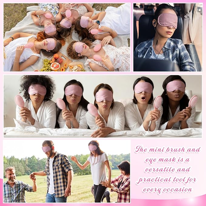 Meanplan 100 Pcs Mini Hair Brush Set 50 Sleep Mask 50 Portable Wet Dry Hair Combs Detangling for Women Spa Sleepover Party Supplies for Travel Team Building Wedding Bridesmaid Gifts(Pink)