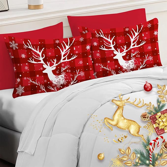 YIYEA Christmas Pillow Cases Queen Size Set of 4, Ultra Soft Double Brushed Microfiber Red Pillowcases and Christmas Pillow Covers, Envelope Closure, Fade Resistant (20"x30")