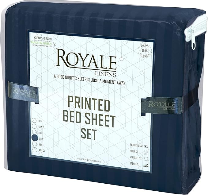 ROYALE LINENS 3 Piece Twin Sheets Set - Soft Brushed 1800 Microfiber Bedding - 1 Fitted, 1 Flat Sheet, 1 Pillow case - Wrinkle Free & Fade Resistant - Hotel Luxury Bed Sheets (Stripe Navy, Twin)