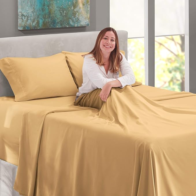 Nestl Queen Size Sheet Set, 4 Piece Extra Deep Pocket (18-24 inches), Microfiber, Hotel Luxury, Soft, Breathable, Wrinkle-Free, Easy to Care, Camel Gold