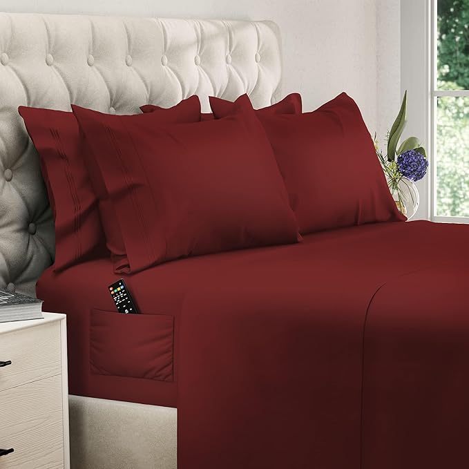 DREAMCARE California King Sheet Sets -6 pcs Breathable Cooling Bed Sheets -up to 15" Deep California King Sheets with Side Pockets -Extra Soft 100% Brushed Hypoallergenic Hotel Luxury Bedding Burgundy
