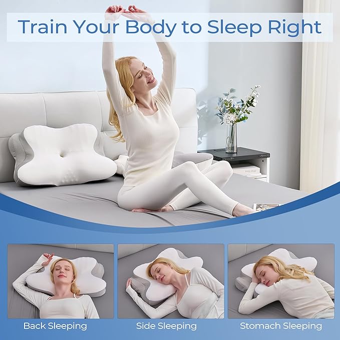 BDEUS Ergonomic Cervical Neck Pillow for Sleeping – Memory Foam Pillow with Massage Nodes for Neck Pain Relief, Side Sleeper & Back Support, CertiPUR-US Certified, White