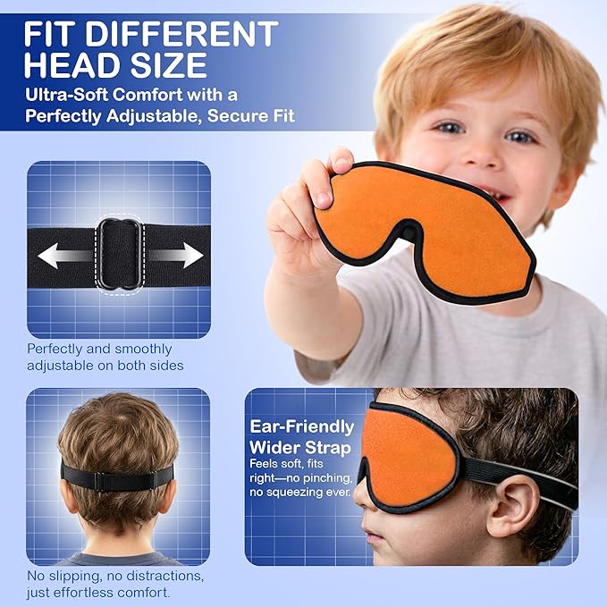 3D Sleep Mask for Kids, Light Block Sleeping Blindfold Memory Foam Contoured Eye Mask for Sleep, Adjustable Strap Eye Cover and Travel Sleep Mask for Boys Girls, Orange