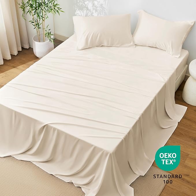 Love's cabin 4 Piece Full Size Sheet Set, 100% Rayon Derived from Bamboo, Cooling & Breathable, Soft Silky Deep Pocket up to 16", Hotel Luxury Bedding for Hot Sleepers, Beige