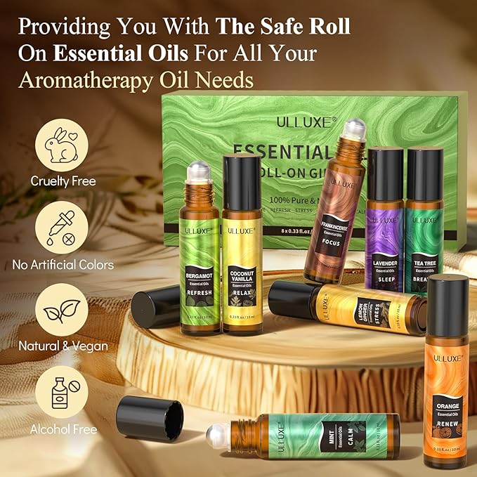 Essential Oils Roll On Set 8 Pack 8 Scent, Mothers Day Gift for Mom, Wife, Relaxing, Self Care Gifts for Women, Essential Oil Roller Set, Natural Aromatherapy Roll Oil Blends for Skin