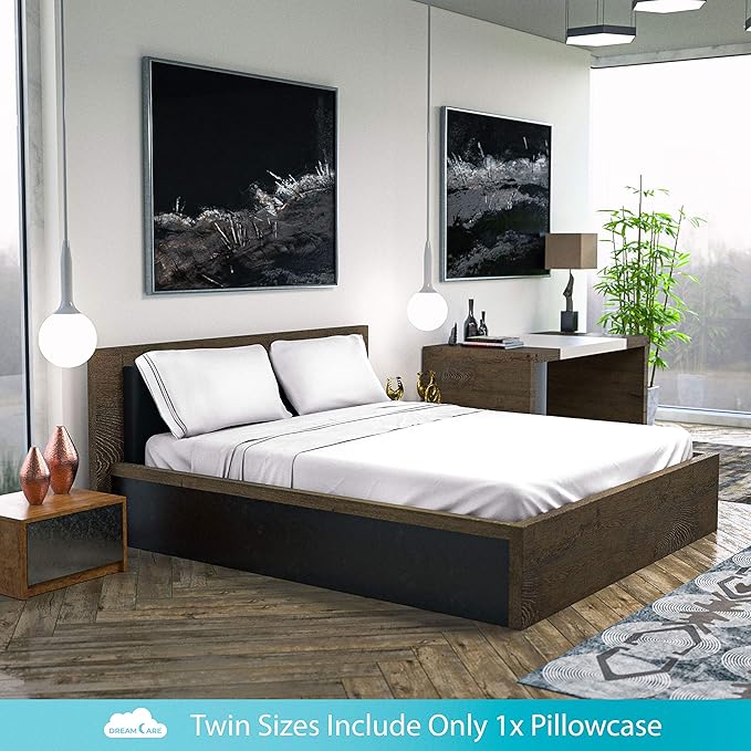 DREAMCARE Twin Sheets - 3 pcs Breathable Cooling Bed Sheets - up to 15" Deep Pocket Twin Bed Sheets with Side Pockets - Extra Soft 100% Brushed Hypoallergenic Hotel Luxury Bedding - White