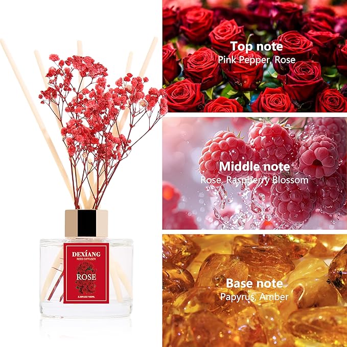 Reed Diffuser Set - 3.38 fl oz Rose Premium Scented Oil with Preserved Baby's Breath & Cotton 6 Sticks | Long-Lasting Aromatherapy for Home, Bedroom, Bathroom, Office Home Decor