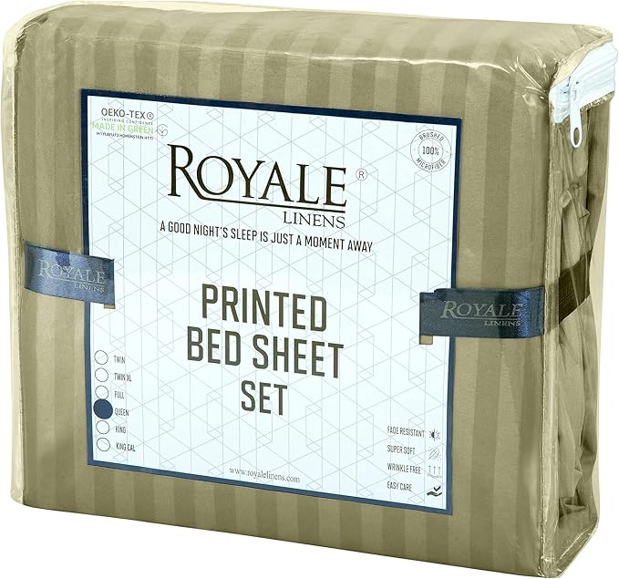 ROYALE LINENS 4 Piece Cal King Sheets Set - Soft Brushed Microfiber - 1 Fitted, 1 Flat Sheet, 2 Pillowcases - Wrinkle Free & Fade Resistant - Hotel Luxury Bed Sheets (Stripe Sage Green, Cal King)