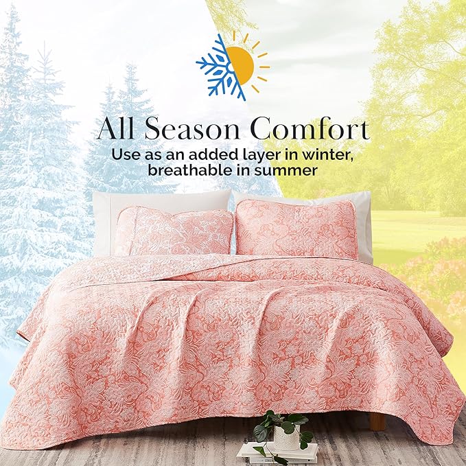 Southshore Fine Living, Inc. Twin XL Quilt Bedding Set, Boho Coverlet, Reversible Quilt, All Season 2-Piece Set with One Matching Quilted Pillow Sham, All Season Twin/XL Bedspreads for Adult, Coral