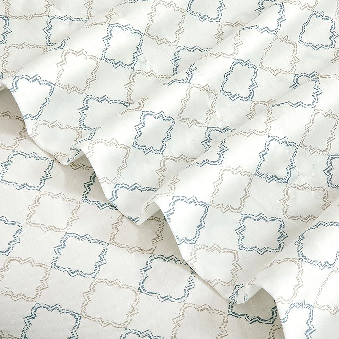 ROYALE LINENS 300 Thread Count 100% Long Staple Combed Cotton Sheet Set - 4 Piece King Bed Sheets - 1 Fitted, 1 Flat & 2 Pillow Cases - Soft Cool & Crisp Sheet Set (King, Vintage Trellis,Grey Blue)