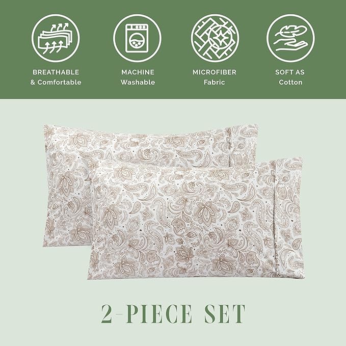 Elegant Comfort Ultra Soft Set of 2 Floral Print Pillowcases - 1500 Premium Hotel Quality Microfiber, Soft and Smooth Envelope Closure 2-Piece Pillow Covers - King, Paisley Taupe