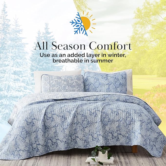 Southshore Fine Living, Inc. Paisley Quilt Queen Size Bedding Set, Full Size Quilted Coverlet, Boho Bedspreads Queen Size Set with Two Matching Pillow Shams, Full/Queen, Reversible Blue