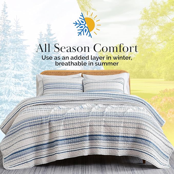 Southshore Fine Living, Inc. Twin/XL Quilt Bedding Set, Dorm Bedding Essentials, Stain Resistant, Machine Washable Striped Bedspread, Twin XL Comforter Set w/Pillow Sham, Blue Striped
