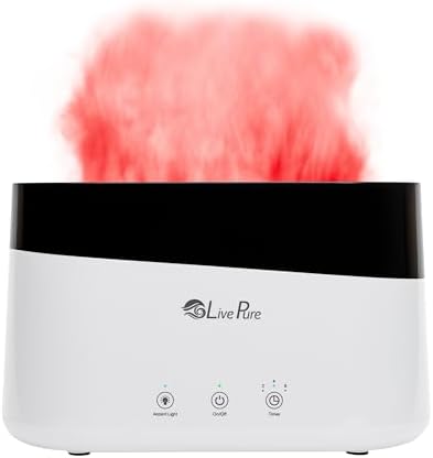LivePure LP300HUM Aqua Flame Cool Mist Humidifier – Small Ultrasonic Plant Humidifier Indoor with Essential Oil Diffuser – Dorm Essentials, Apartment, Desks & Home Office White - 0.20 Gal/ .75L