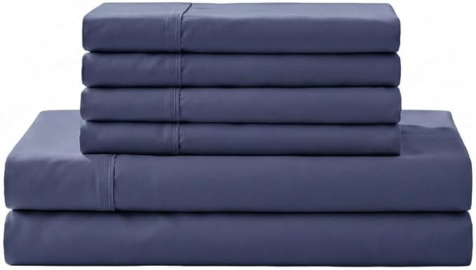 Linen Home 100% Cotton Percale Sheet Set, Queen Size, Dark Blue, Deep Pocket, 6 Pieces Set - 1 Flat, 1 Deep Pocket Fitted Sheet and 4 Pillowcases, Crisp Cool and Strong Bed Linen