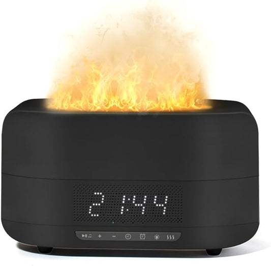 Aroma Essential Oil Diffuser & Humidifier 400mL, 5-in-1 Flame Effect Ultrasonic Diffuser with Bluetooth Speaker, LED Night Light & Clock, Quiet Diffuser for Bedroom Sleep Relaxation(Black)
