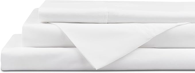 Linen Home 4 Piece Twin Cotton Sheet Set, 100% Cotton Percale, 2 Pillowcases, Deep Pocket with All Around Elastic Sheet, Crisp Breathable Bedding, Hotel Luxury, Long-Staple Combed Cotton, Snow White