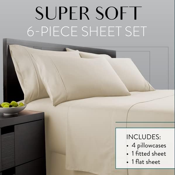 Danjor Linens Bed Sheet Set Queen Size for Hot Sleepers, Hotel Premium Sheets with 4 Pillowcases, Lightweight Brushed Microfiber Deep Pockets, Breathable Cooling 6 Piece Bedding Sets, Cream