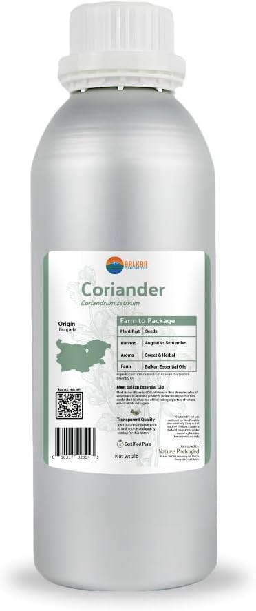 Coriander Essential Oil - Direct from Bulgarian Balkan Mountains - Steam Distilled - Aceite Cilantro for Aromatherapy, Massage, Diffuser, DIY Candle and Soap Making - 2lbs