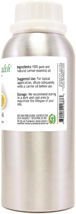 GreenHealth Lemon Essential Oil 8 fl oz (237 ml) – 100% Pure – Aluminum Bottle w/Plug Cap – Fresh Citrus Aroma for Diffusers, Candle & Soap Making, DIY Crafts (Pack of 2)