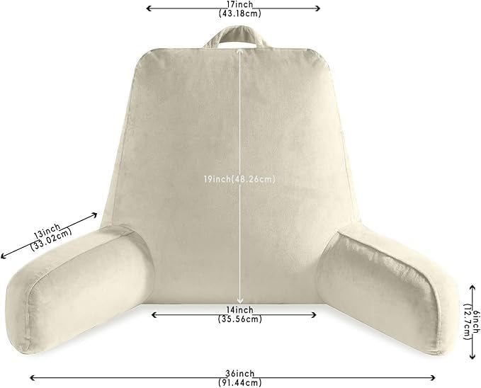 OAISZ Reading Pillow for Sitting in Bed Adult, Reading Pillow with Shredded Memory Foam, Bed Pillow with Washable Cover, Back Pillow Sitting Up with Extend Arms, Beige, X-Large