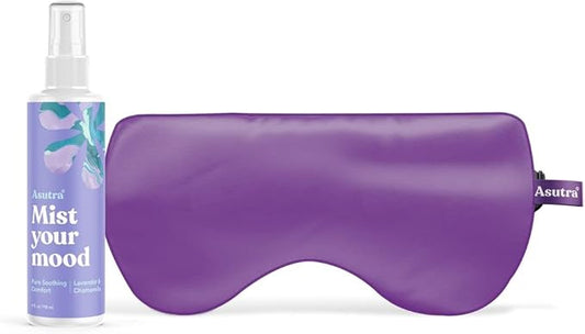 ASUTRA Sleep Bundle, 2 Products - Purple Silk Eye Mask Filled with Lavender and Flax Seeds, Lavender & Chamomile Essential Oil Pillow Spray