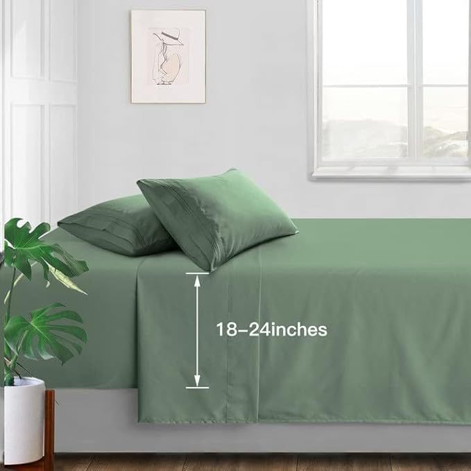 Manyshofu Extra Deep Pocket Twin Sheets Set - Hotel Luxury 1800 Thread Count Sheets & Pillowcases - Kids Bedding Set up to 24" Mattress - Sage Green Bed Sheets 18-24 Inch Deep Pockets - 3 Piece