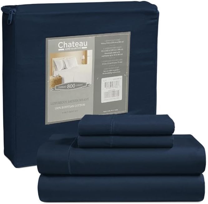 100% Egyptian Cotton Sheets For California King Size Bed, 800TC Sateen Weave CalKing Sheet Set, 15" Deep Pocket Elasticated Sheet & Pillowcase Sets, Soft, Cool, & Breathable - Dark denim