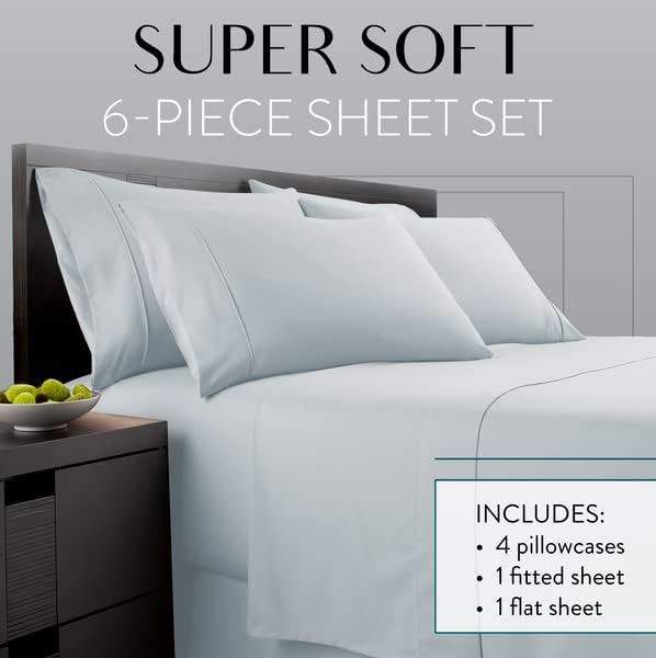 Danjor Linens Bed Sheet Set Cal King for Hot Sleepers, Hotel Premium Sheets with 4 Pillowcases, Lightweight Brushed Microfiber Deep Pockets, Breathable Cooling 6 Piece Bedding Sets, Ice Blue