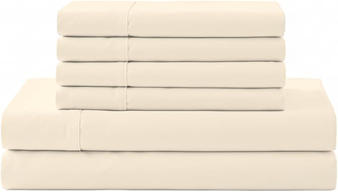 Linen Home 6 Piece Full Size Cotton Sheet Set, 100% Cotton Percale, 4 Pillowcases, Deep Pocket with All Around Elastic Sheet, Crisp Breathable Bedding, Hotel Luxury, Long-Staple Combed Cotton, Ivory