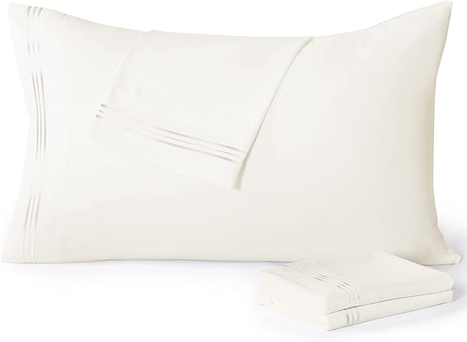 YIYEA Pillow Cases Queen Size Set of 4, Ultra Soft 1800TC Hotel Quality Double Brushed Microfiber Embroidered Pillowcases, Envelope Closure, Fade Resistant (20"x30", Ivory)